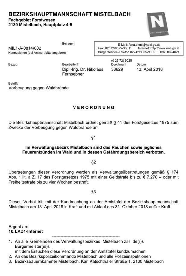 Verordnung der Bezirkshauptmannschaft Mistelbach zur Vorbeugung gegen Waldbrände